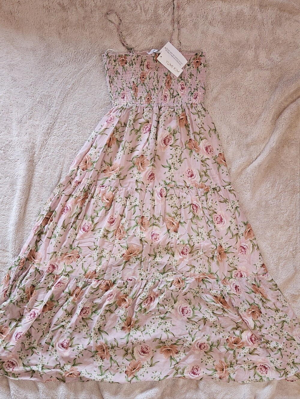 Yumi Kim Blush Pink Smocked Maxi Dress with Flowers